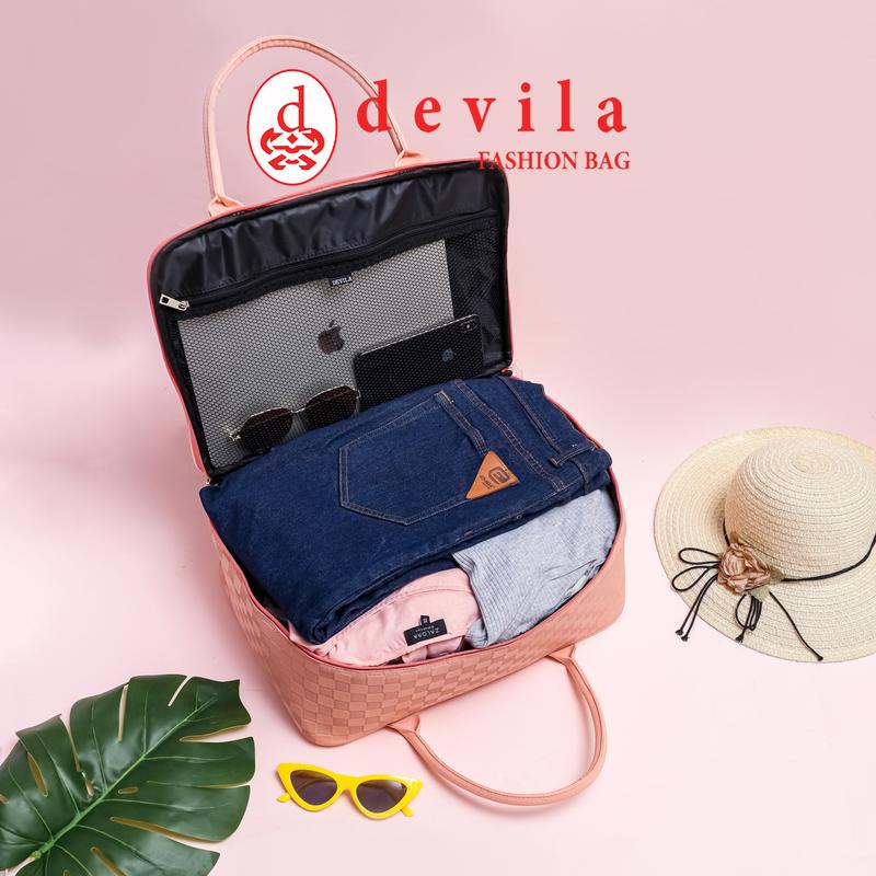 DEVILA LUXURY NUDE PINK BOXES WATERPROOF TRAVEL BAG MEDIUM SIZE - Tas Koper Motif Kotak Mewah Murah Perempuan Mudik 3