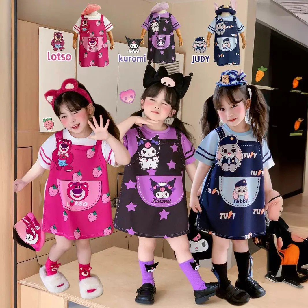 Váy Trẻ Em Bé Gái Mùa Hè, Phong Cách Hàn Quốc, Với Thiết Kế Gấu Dâu Tây Kulomie Và Thỏ Judy, Váy Áo Phông Giả Hai Mảnh Hoạt Hình Ba Màu, Thích Hợp Cho Bé Gái