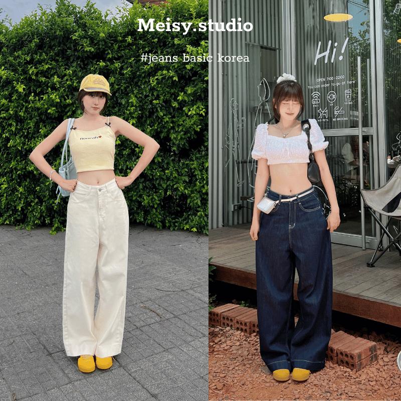 Quần jeans ống rộng bò nữ cạp lưng cao màu xanh than be chất không co giãn gấu bản to bigsize phong cách Hàn Quốc Meisy