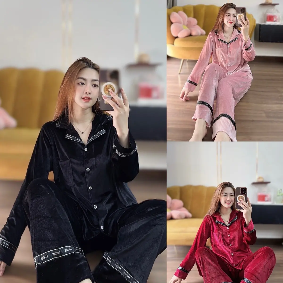 Bộ pijama chất Nhung viền cổ thường sang tết mềm êm có túi Women Nữ