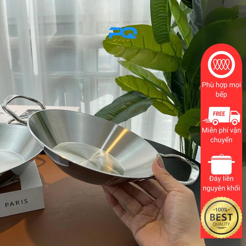 Chảo tuyết inox 304 Chockmen 2 quai kích thước 20/24cm, đáy liền thép 3 lớp cho xào, chiên, rán chảo thép