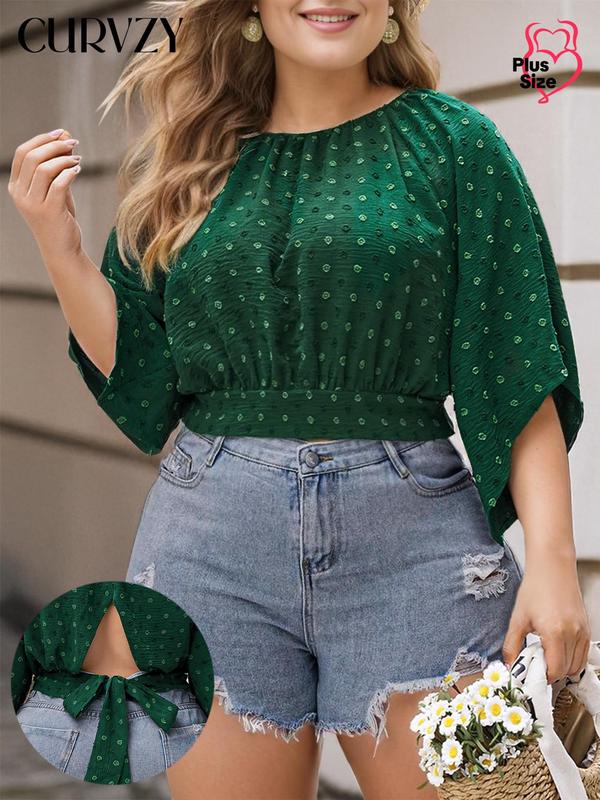 CURVZY Plus Size Polka Dot Jacquard Blouse, Casual Half Sleeve Round Neck Top for Summer, Women's Plus Clothing for Daily Wear 0