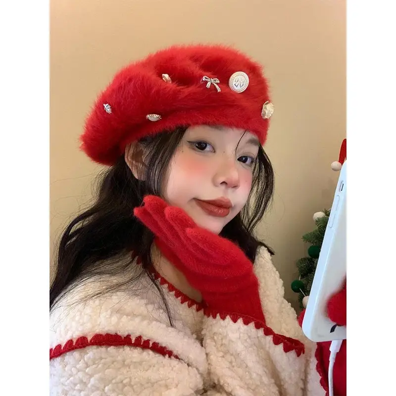 Mũ Nồi Lông Thỏ, Dành Cho Nữ, Mùa Đông, Màu Đỏ, Thích Hợp Cho Giáng Sinh Và Năm Mới, Mũ Họa Sĩ, Phong Cách Hàn Quốc, Thích Hợp Cho Khuôn Mặt Nhỏ Mũ Nhồi Bông Ấm Áp Hoa Hat Nón 3