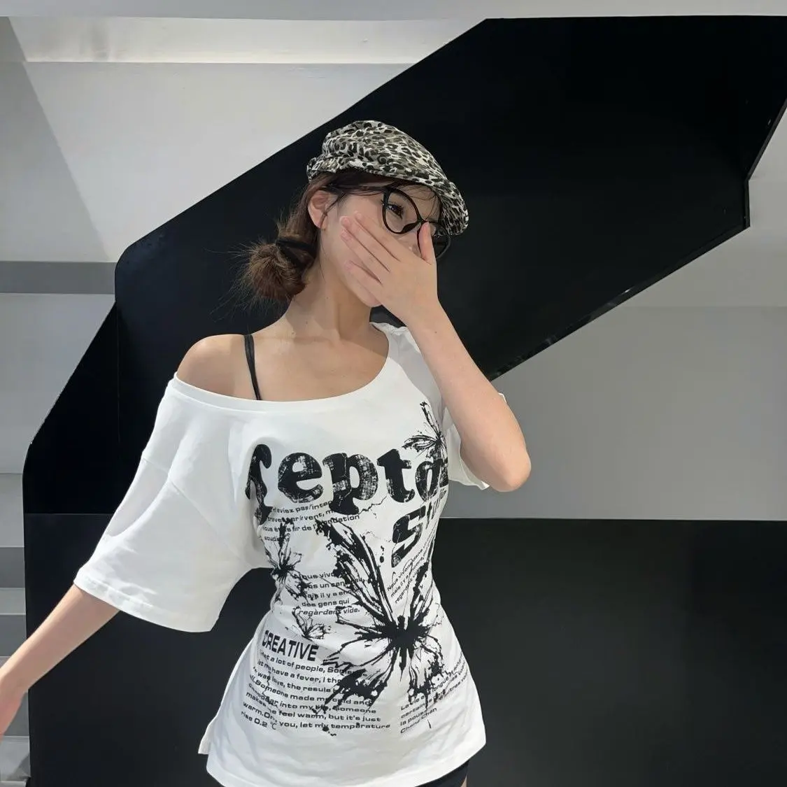 Áo Thun Cổ Điển Mỹ Chính Hãng Phong Cách Lười Biếng Thường Ngày Trễ Vai, In Hình Bướm, Chất Liệu Cotton Nguyên Chất, Nhiều Cách Mặc