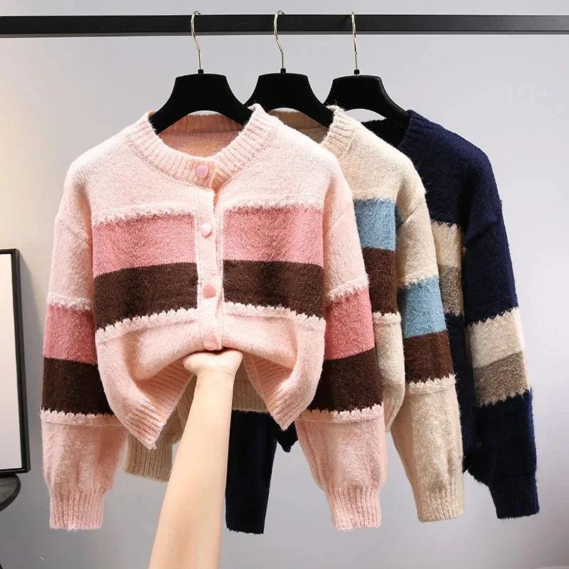 Product Introduction of Multicolor striped lantern sleeve knit loose single breasted women's cardigan sweater coat for women clothing Autumn Winter Knitwear Womenswear 2