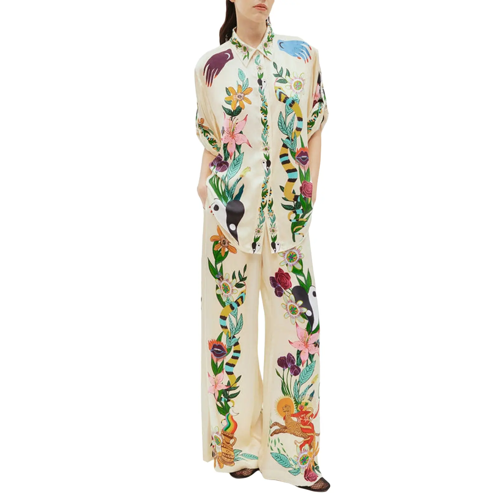 Trang Phục Thường Ngày Cho Nữ, Bộ 2 Mảnh, Phong Cách Bohemian, Áo Sơ Mi ngắn Tay Cài Nút, Quần Dây Rút, Thích Hợp Đi Biển