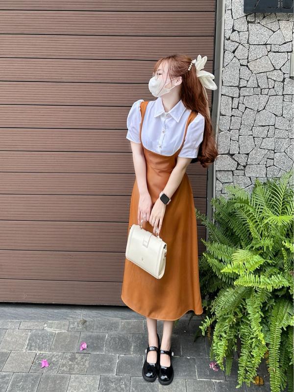 [FREESHIP] A25- Đầm váy Công Sở MIJU váy yếm liền đính cúc ngọc chất liệu cotton lạnh dày dặn, mềm mịn dáng xoè chữ A phù hợp đi làm đi tiệc đi chơi giáo viên Mijustore Women Dress Nữ Màu Nâu 3