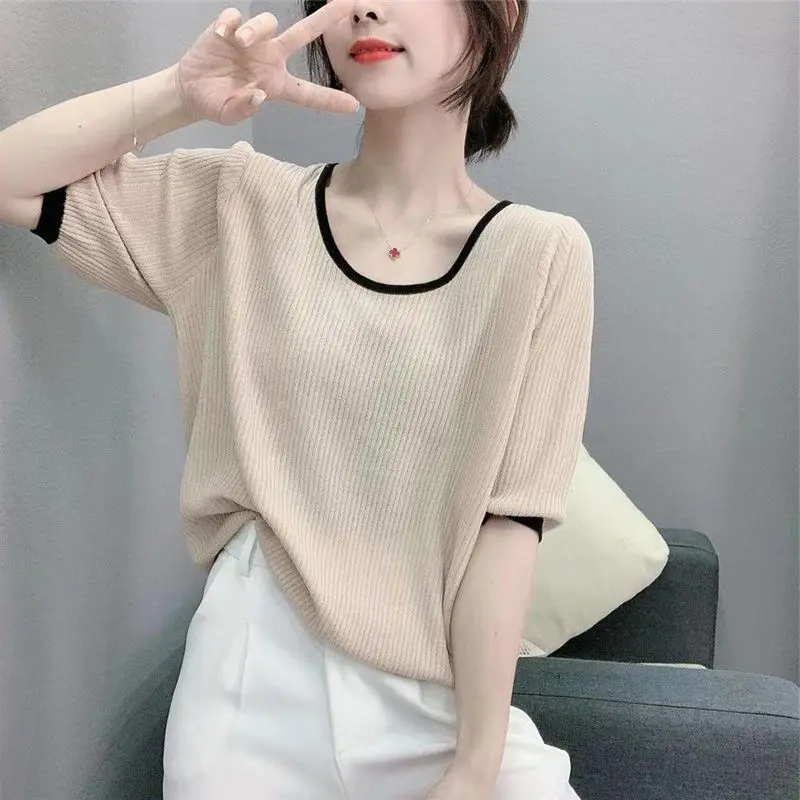 Fat Mm Extra Large Size Summer New Korean Style Ice Silk Round Neck Sweater Short-sleeved T-shirt Women's Solid Color Top Trendy