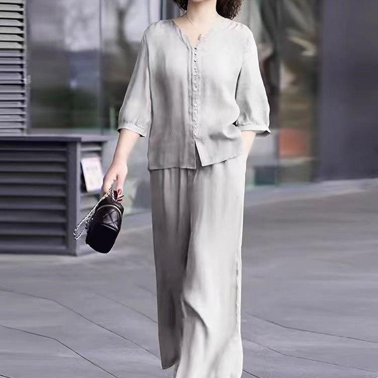 Bộ Đồ Vải Lanh Và Cotton, Bộ Sưu Tập Mới Cho Mẹ TRUNG NIÊN, Thời Trang Thường Ngày Hàng Mới Về Mùa Hè, Áo Vải Lanh Và Quần Ống Rộng, Bộ Hai Mảnh, 2024 7