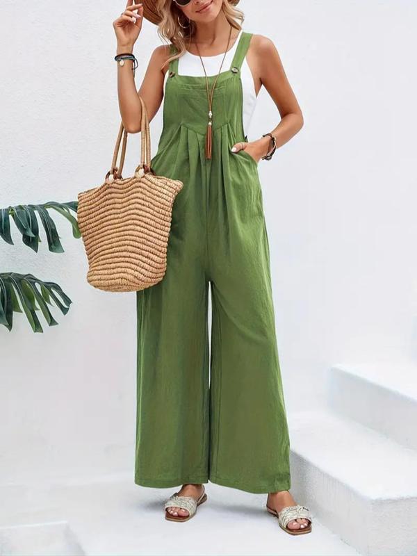 Women's Plain Plicated Button Wide Leg Overall Jumpsuit without Tank Top, Casual Square Neck Sleeveless Pocket Overall Jumpsuit for Summer, Jumpsuit for Women, Playsuit for Women, Summer Outfits 2024 5