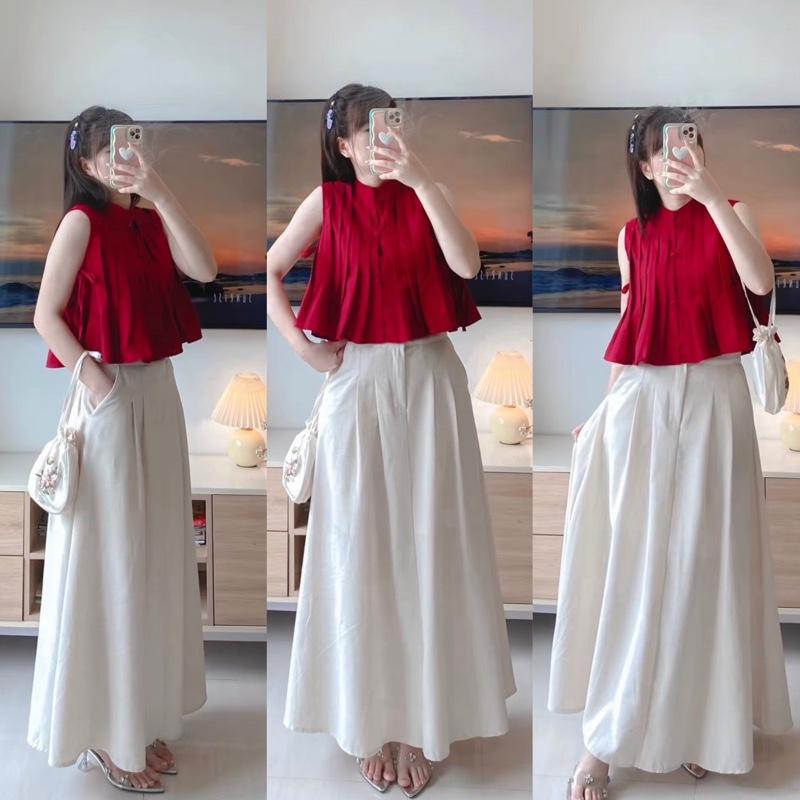 DX3- Sét váy mango, áo babydoll sát nách xếp ly đính nút bọc, chân váy xòe dáng dài ( Hoa pink- freesize 38-56kg) Women Nữ Kem