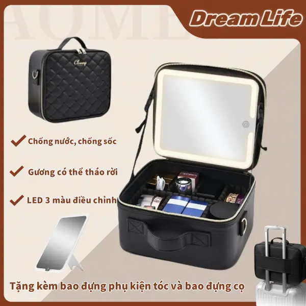 Cốp Đựng Mỹ Phẩm cao cấp cốp đựng đồ make Túi trang điểm LED với đèn và gương Chống nước chống sốc