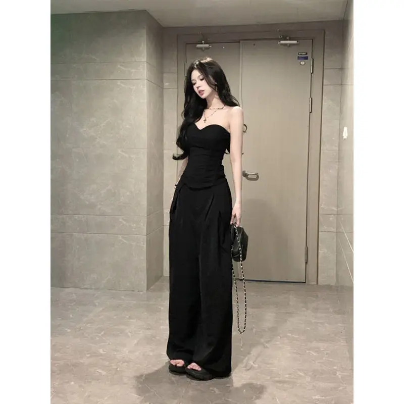 Bộ Đồ Cao Cấp Phong Cách Tối Giản, Áo Ống Cô Gái Nóng Bỏng Màu Đen, Áo Vest, Quần Âu Cạp Cao Mùa Hè Cho Nữ, Bộ Hai Mảnh, 48 Giờ Giao Hàng