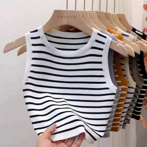 (Clearance) Round Neck Stripe Knit Vest Sleeveless Top