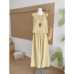 CHICMORE Setelan rompi renda temperamen kelas atas gaya chic tanpa lengan celana kaki lebar, setelan dua potong