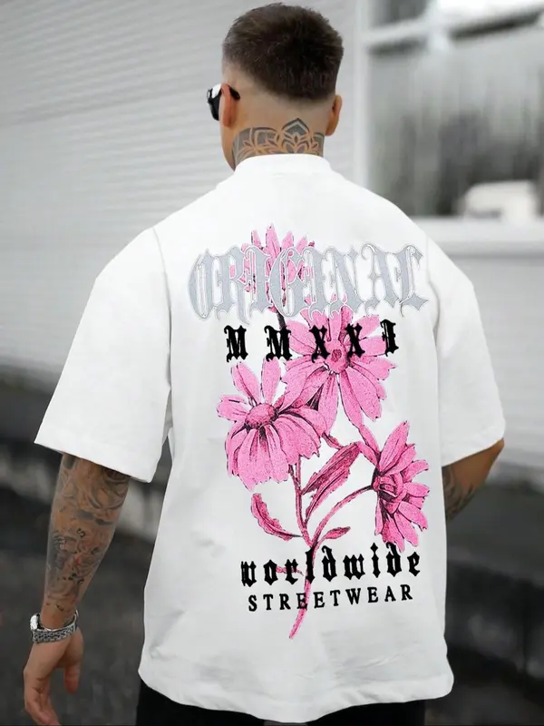 Men's Floral & Letter Print Short Sleeve Tee, Regular Fit Casual Round Neck T-Shirt for Summer, Streetwear Top for Men 0
