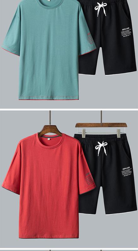 Product Introduction of New Leisure Sports Suit Men's All-Cotton Short-Sleeved T-shirt Shorts Set Workout Clothes Two-Piece Set 28