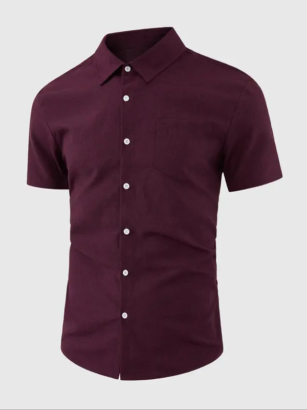 【Plus Size】 Men's Regular Fit Plain Short Sleeve Button Up Shirt, Casual Retro Lapel Neckline Top for Summer, Men's Clothes for Daily Wear 4