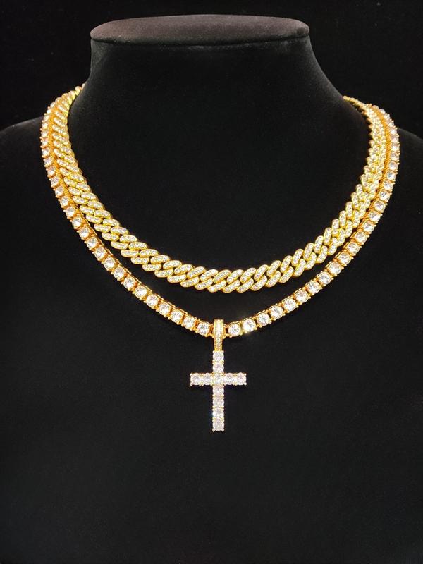 Luxury Artificial Zircon Cross Pendant Necklace & Rhinestone Cuban Chunky Chain Necklace, Sparkly Hip Hop Iced Out Bling Bling Punk Necklaces for Party Decor 6