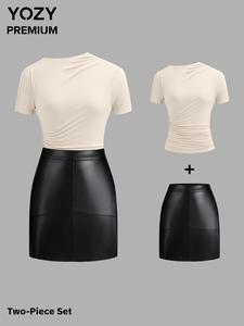 YOZY Women's Plain Ruched Tee & Pocket PU Leather Skirt Set, Women's Clothes for Daily Wear