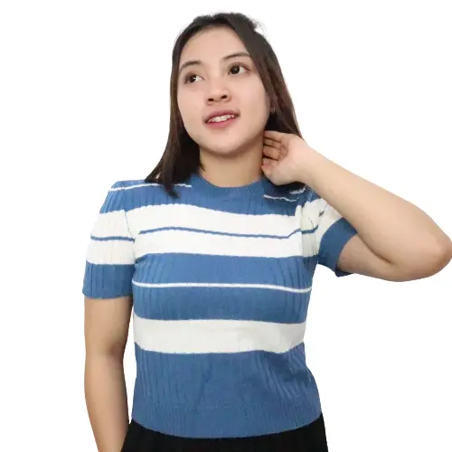 Atasan Oblong Salur Lengan Pendek Wanita Kaos Oneck Knit Rajut Baju Lembut 2