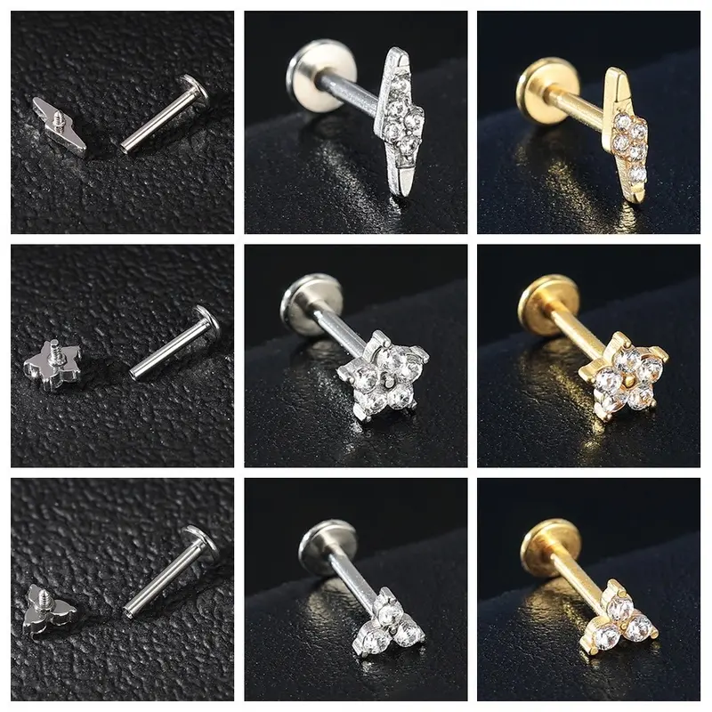 1Pc Stainless Steel Lip Piercings Love Shape Labret Piercings Geometric Crystal Stud Earrings Internal Spiral Labret Piercings 3