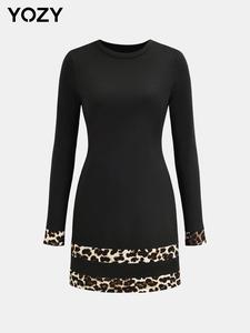 Yozy Women's Leopard Patchwork Long Sleeve Bodycon Dress, Casual Round Neck Dress for Spring & Fall, Women's Clothing for Daily Wear