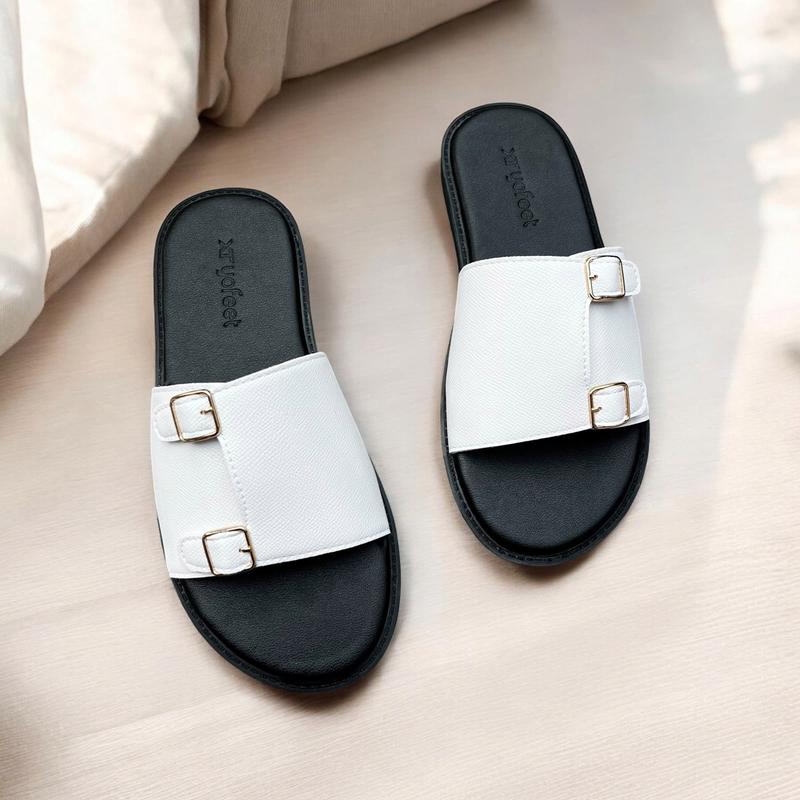 Dép da nam gắn mác vuông cài khuy điều chỉnh from (YO 64) DéP Slipper Dép Lê Đế Bằng