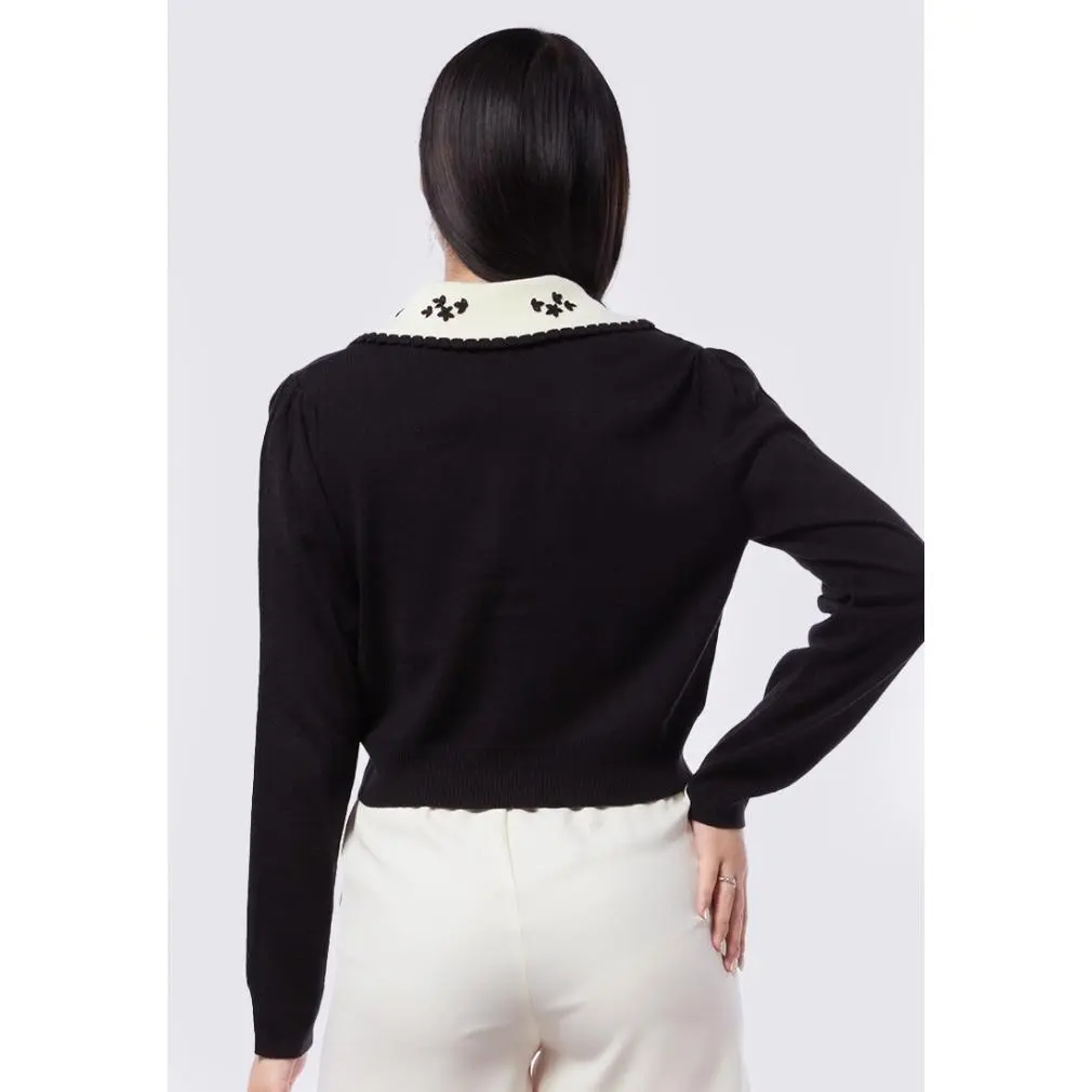 C㊛Vk Colorbox Cardigan With Embroidered Collar I-Cogfcr223J087 Black J➸18
