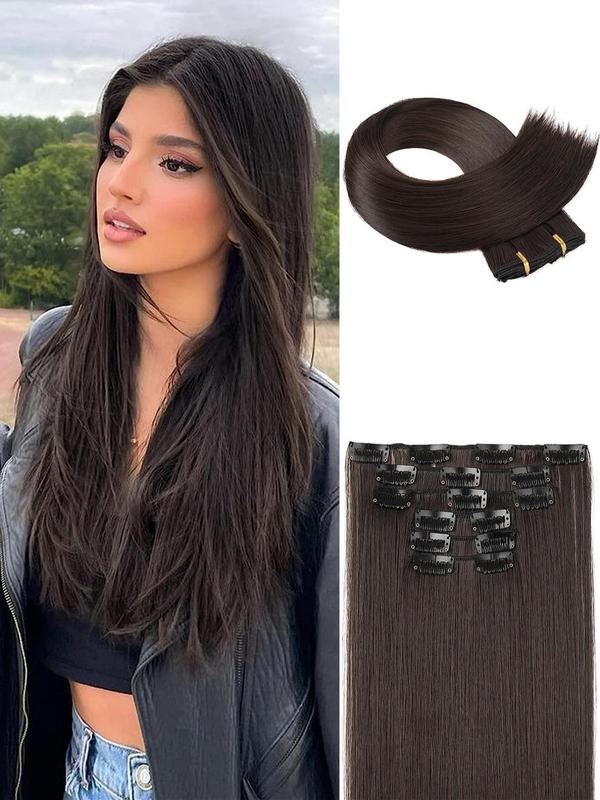 24 Inch Synthetic Long Straight Clip In Hair Extensions, 16 Clips Brown Wig Pieces For Female 0
