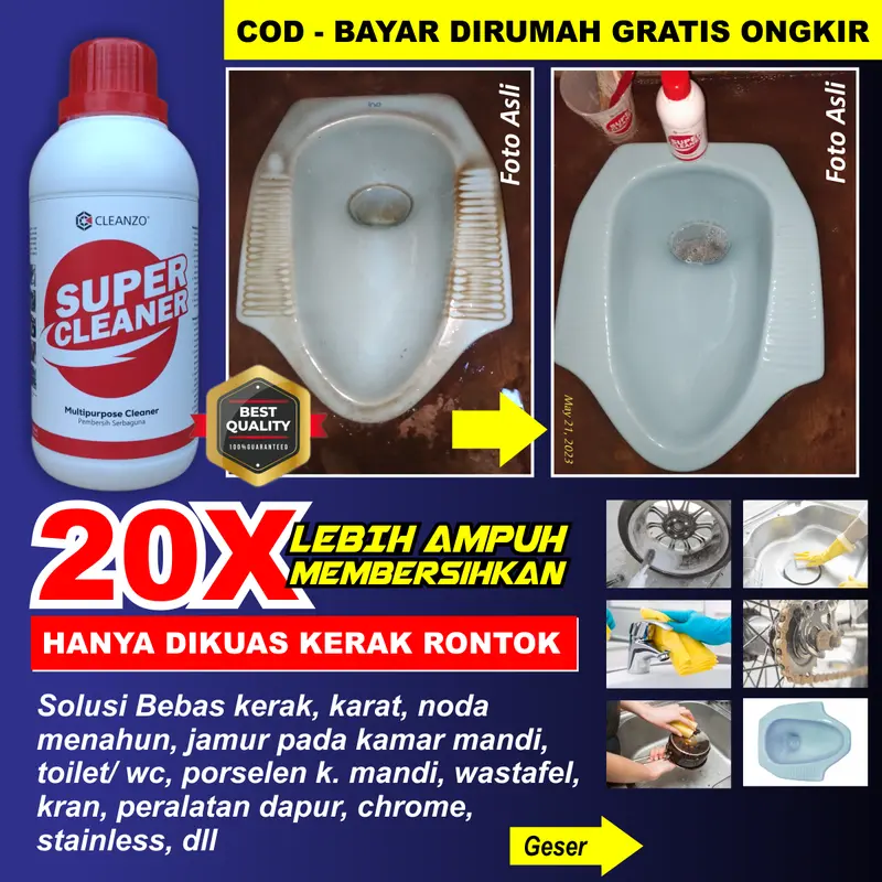 PEMBERSIH SUPER SERBAGUNA ORIGINAL - BEBAS KERAK KARAT JAMUR - pada toilet wc, Lantai kamar mandi, wastafel, kran, stainless, chrome, alumunium, plastik, kaca, mebel kayu dll, mempermudah kegiatan kebersihan di rumah. Hemat waktu dan tenaga. 0