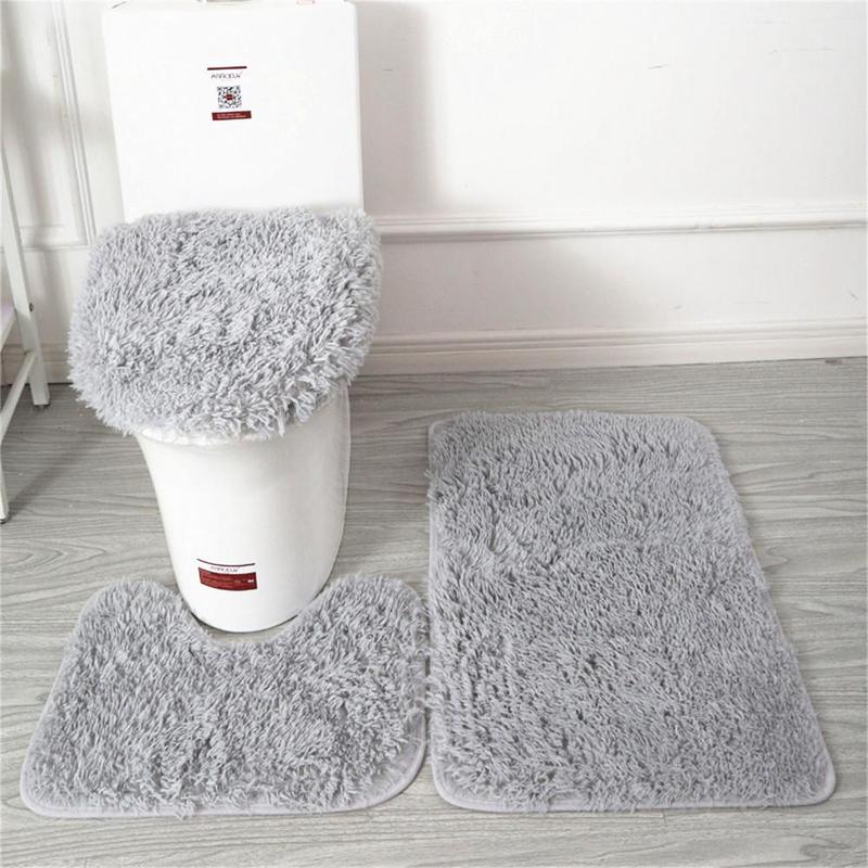 Soft Bath Mat Decoration Set, 3 Counts/set Summer Solid Color Soft Plush Toilet Seat, Anti-Slip Bath Mat, Household Products 8