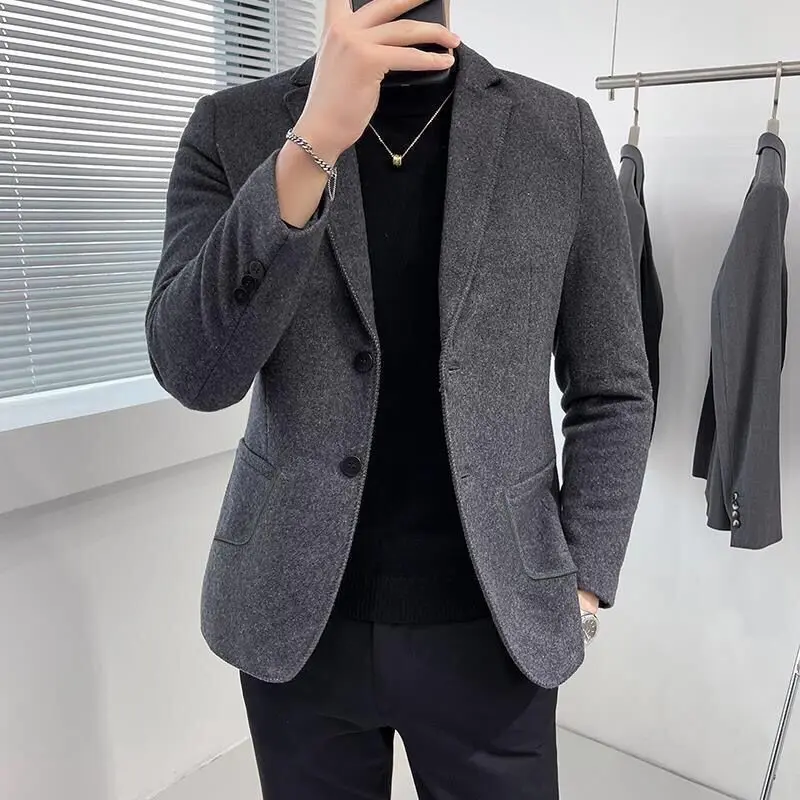 Casual Suit Men's Jacket Slim Fit Korean Style Handsome Autumn and Winter Woolen Cloth Small Tailored Suit Top One-Piece Fashion