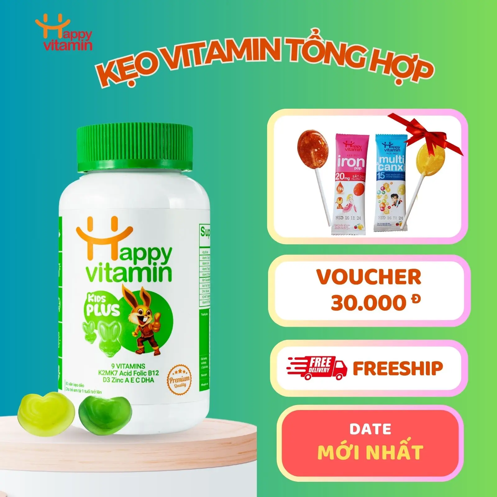 Kẹo dẻo vitamin tổng hợp Happy Vitamin Kids Plus, hương vị táo, bổ sung 9 loại vitamin A,C,D3,K2-MK7,B12,E và OMEGA3-DHA c4000 calicium canxid3 trao đổi chất kẽm