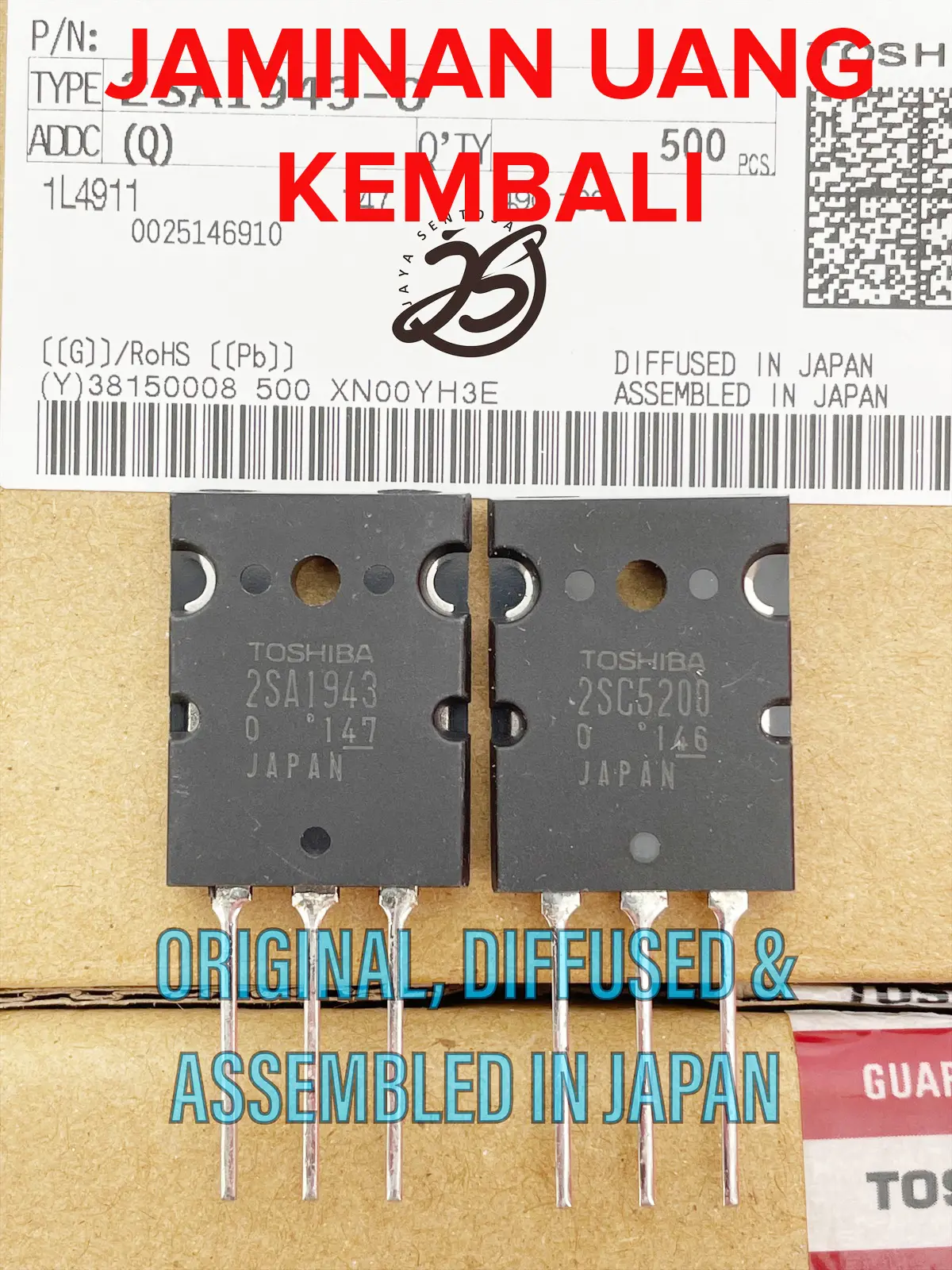 TRANSISTOR TOSHIBA A1943-C5200 ASLI ORIGINAL, 2SA1943-2SC5200, A 1943 - C 5200 JAPAN (ORI) 230V - 15A - 150W