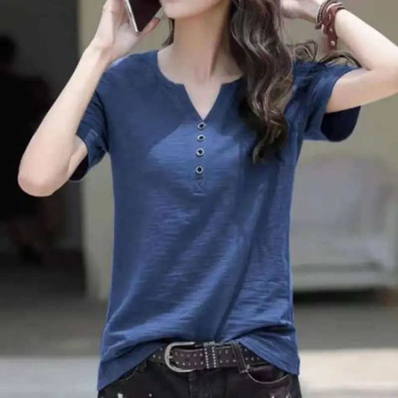 Áo Phông Ngắn Tay, Đơn Giản Và Dễ Phối Đồ Dành Cho Phụ Nữ, Hàng Mới Về Mùa Hè, Phong Cách Hàn Quốc, Thường Ngày Và Dáng Rộng Rãi, Cỡ Lớn, Cổ Chữ V, Áo Phông Có Nút, Áo Ins