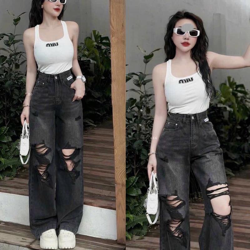 Quần jean nữ ống rộng rách bụi màu xám đẹp s Women Ong quansuong namlun