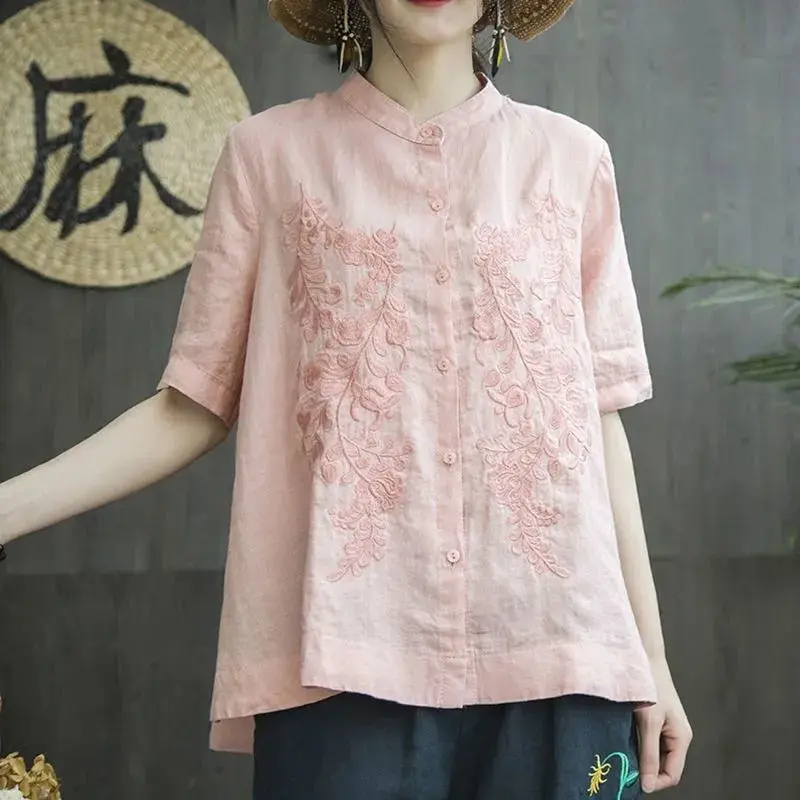 Women's Shirt Stand Collar Embrooded Loose Slim plus Size Linen-like Small Shirt Top Womenswear Blouse Lingerie Lady Comfort Floral