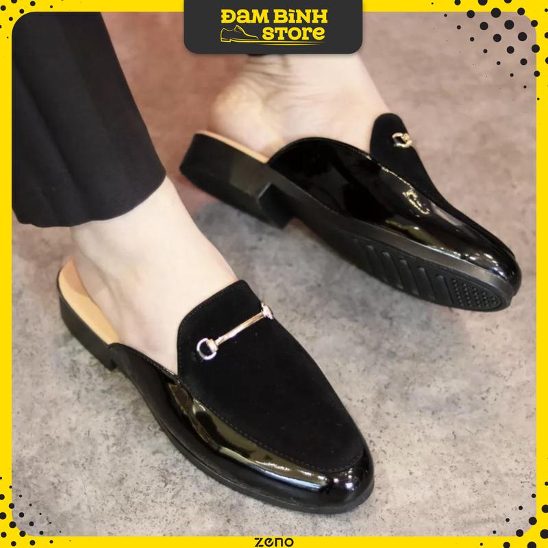 Giày sục nam da bóng kết hợp da lộn Đam Bình Store, giày tây nam họa tiết phụ kiện đai vàng sang trọng, giày hở gót nam da bò đế cao su
