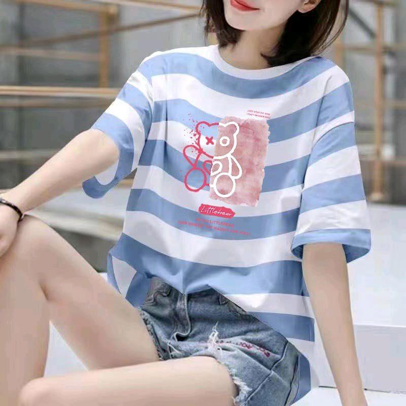 Áo phông cổ tròn Kẻ sọc dể thương T38-T37 Top Nữ Nữ Top Women Women 4