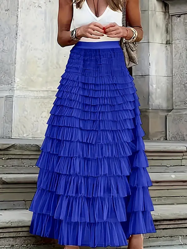 Women's Plain Ruffle Hem Tiered Layer Skirt, Elegant High Waist Long Skirt for Vacation Holiday Party, Ladies Bottoms for All Seasons,  Skirt 6