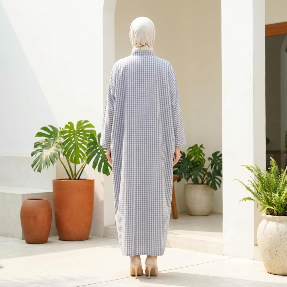 Asaya Gamis Wanita Elegan Motif Garis Kotak Biru Abu Modern Kekinian