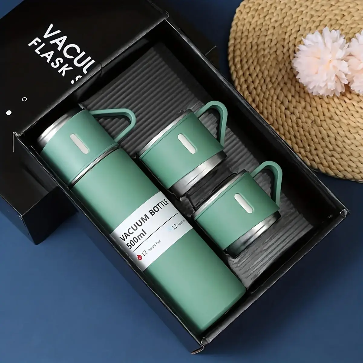 Vacuum Flask Set, Including 1 Count 500ML Vacuum Flask & 2 Counts Cup Lids, Travel Vacuum Flasks for Hot & Cold Drinks