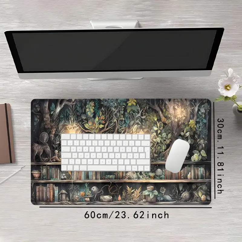 Creative Book & Tree Pattern Extended Mouse Pad, Rectangle Gaming Mouse Keyboard Pad, Office Desk Accessories, Non-slip Rubber Base Stitched Edge Desk Pad for Laptop Desktop 4