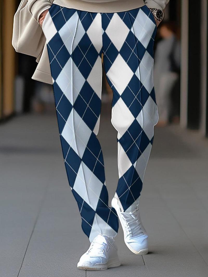 Product Introduction of Men's Regular Fit Geometric Print Drawstring Waist Pants, Casual Style Comfy Pocket Straight Leg Trousers for Fall & Winter, Men's Bottoms for Daily Wear 7