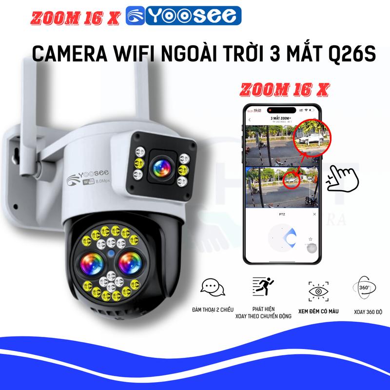 CAMERA YOOSEE NGOÀI TRỜI 3 MẮT ZOOM 16X (2 KHUNG HÌNH ĐỘC LẬP KÈM 1 MẮT TRỢ ZOOM), ĐÈN LED XEM ĐÊM CÓ MÀU, KHE GẮN THẺ NHỚ LÊN ĐẾN 128GB
