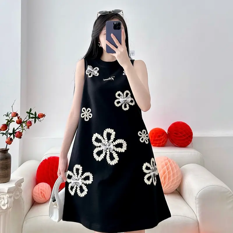 Váy Ba Lỗ_Cổ Tròn_In Nổi Hoạ Tiết Bông_Đính Kèm Nơ_Chất Conton Co Giãn_Dày Mềm Mịn Nữ Đen Women 1