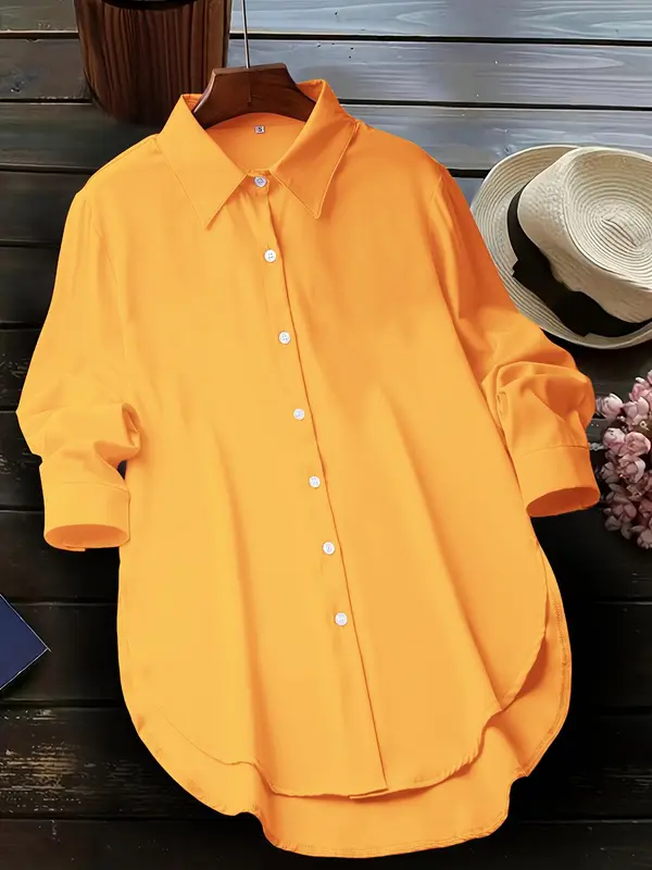 Women's Plain Button Front Shirt, Casual Curved Hem Long Sleeve Collared Top for Spring & Fall, Ladies Clothes for Daily Wear 2
