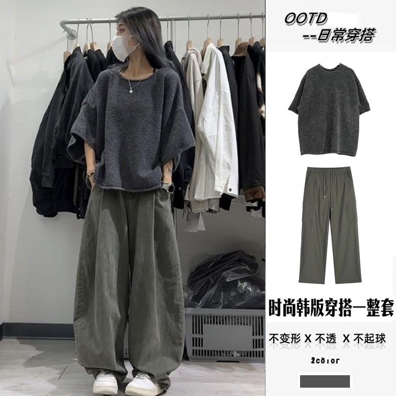 Product Introduction of 2025 Summer Fashion Outfit for Women 2025 New Korean Style Loose Short Sleeve Top Trendy Casual Pants Two-Piece Set 1