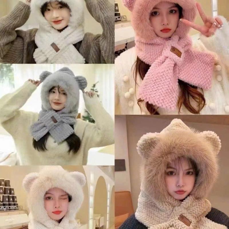 Mũ Len Nữ Xỏ Logo Da , Mũ Trùm Đầu 2 In 1 Tai Mèo Giữ Ấm Cho Mùa Đông